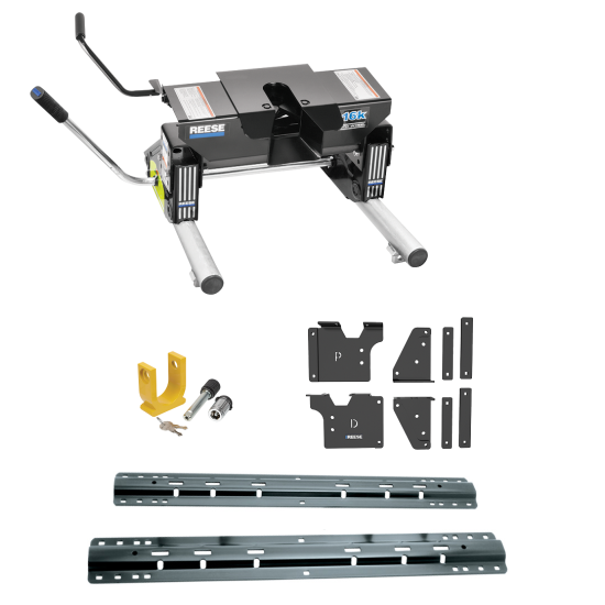 For 2020-2024 Chevrolet Silverado 3500 HD Custom Outboard Above Bed Rail Kit + 16K Fifth Wheel + Round Tube Slider + King Pin Lock (For 6-1/2' or Shorter Bed, w/o Factory Puck System Models) By Reese