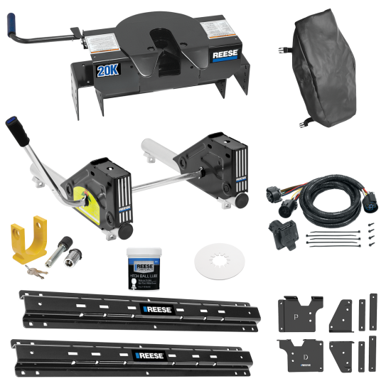 For 2020-2024 Chevrolet Silverado 3500 HD Custom Outboard Above Bed Rail Kit + 20K Fifth Wheel + Round Tube Slider + In-Bed Wiring + King Pin Lock + Base Rail Lock + 10" Lube Plate + Fifth Wheel Cover + Lube (For 6-1/2' or Shorter Bed, w/o Factory Pu