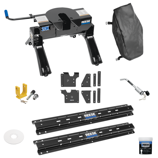 For 2020-2024 GMC Sierra 3500 HD Custom Outboard Above Bed Rail Kit + 20K Fifth Wheel + King Pin Lock + Base Rail Lock + 10" Lube Plate + Fifth Wheel Cover + Lube (For 5'8 or Shorter Bed (Sidewinder Required), w/o Factory Puck System Models) By Reese