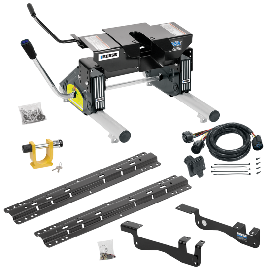 For 2015-2023 Ford F-150 Custom Outboard Above Bed Rail Kit + 16K Fifth Wheel + Round Tube Slider + In-Bed Wiring + King Pin Lock (For 6-1/2' or Shorter Bed, Except Raptor or with Ride Height Sensors, w/o Factory Puck System Models) By Reese