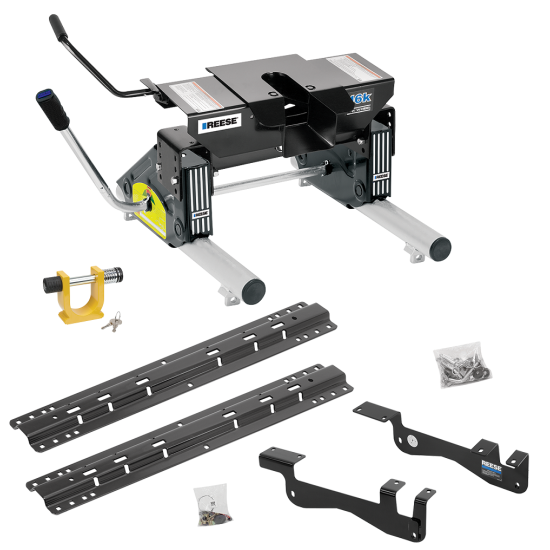 For 2015-2023 Ford F-150 Custom Outboard Above Bed Rail Kit + 16K Fifth Wheel + Round Tube Slider + King Pin Lock (For 6-1/2' or Shorter Bed, Except Raptor or with Ride Height Sensors, w/o Factory Puck System Models) By Reese