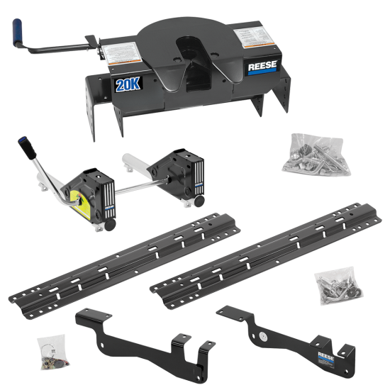 For 2015-2023 Ford F-150 Custom Outboard Above Bed Rail Kit + 20K Fifth Wheel + Round Tube Slider (For 6-1/2' or Shorter Bed, Except Raptor or with Ride Height Sensors, w/o Factory Puck System Models) By Reese