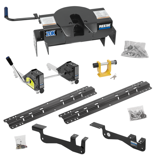 For 2015-2023 Ford F-150 Custom Outboard Above Bed Rail Kit + 20K Fifth Wheel + Round Tube Slider + King Pin Lock (For 6-1/2' or Shorter Bed, Except Raptor or with Ride Height Sensors, w/o Factory Puck System Models) By Reese