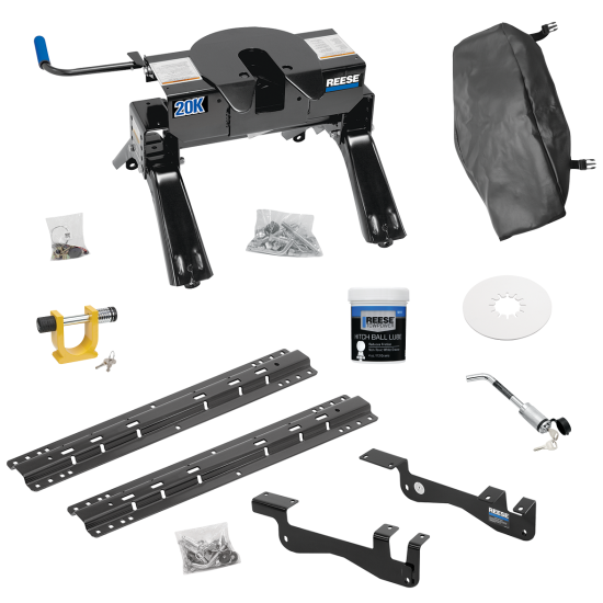 For 2015-2023 Ford F-150 Custom Outboard Above Bed Rail Kit + 20K Fifth Wheel + King Pin Lock + Base Rail Lock + 10" Lube Plate + Fifth Wheel Cover + Lube (For 6-1/2' and 8 foot Bed, Except Raptor or with Ride Height Sensors, w/o Factory Puck System 