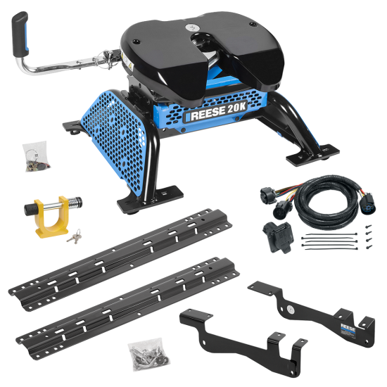 For 2015-2023 Ford F-150 Custom Outboard Above Bed Rail Kit + Reese M5 20K Fifth Wheel + In-Bed Wiring + King Pin Lock (For 6-1/2' and 8 foot Bed, Except Raptor or with Ride Height Sensors, w/o Factory Puck System Models) By Reese