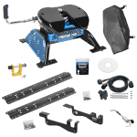 For 2015-2023 Ford F-150 Custom Outboard Above Bed Rail Kit + Reese M5 20K Fifth Wheel + In-Bed Wiring + King Pin Lock + Base Rail Lock + 10" Lube Plate + Fifth Wheel Cover + Lube (For 6-1/2' and 8 foot Bed, Except Raptor or with Ride Height Sensors,