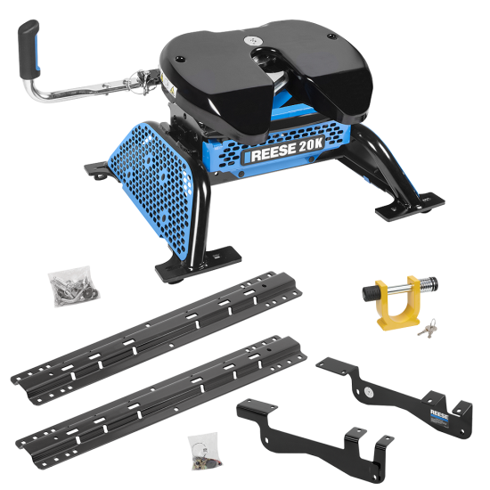 For 2015-2023 Ford F-150 Custom Outboard Above Bed Rail Kit + Reese M5 20K Fifth Wheel + King Pin Lock (For 6-1/2' and 8 foot Bed, Except Raptor or with Ride Height Sensors, w/o Factory Puck System Models) By Reese