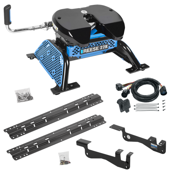 For 2015-2023 Ford F-150 Custom Outboard Above Bed Rail Kit + Reese M5 27K Fifth Wheel + In-Bed Wiring (For 5'8 or Shorter Bed (Sidewinder Required), Except Raptor or with Ride Height Sensors, w/o Factory Puck System Models) By Reese