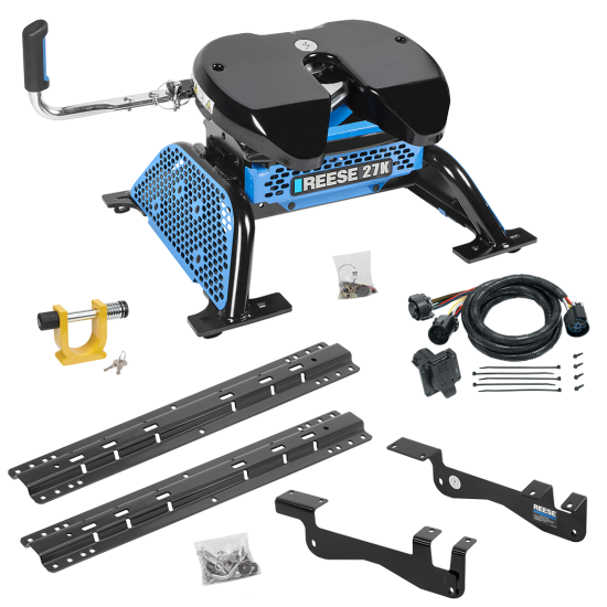 For 2015-2023 Ford F-150 Custom Outboard Above Bed Rail Kit + Reese M5 27K Fifth Wheel + In-Bed Wiring + King Pin Lock (For 5'8 or Shorter Bed (Sidewinder Required), Except Raptor or with Ride Height Sensors, w/o Factory Puck System Models) By Reese