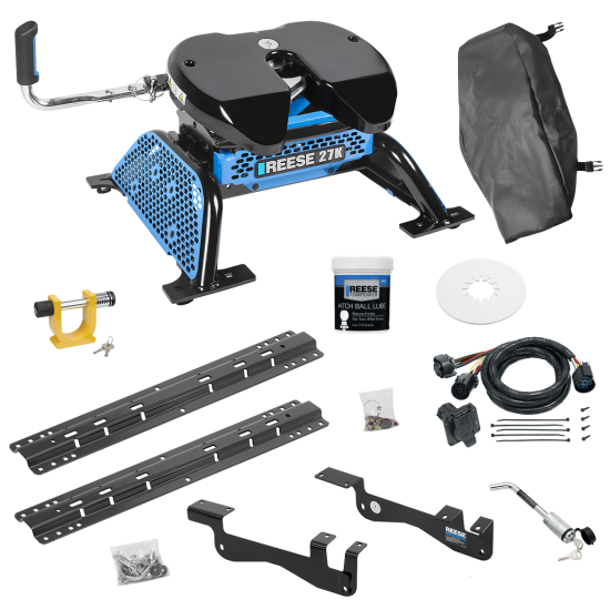 For 2015-2023 Ford F-150 Custom Outboard Above Bed Rail Kit + Reese M5 27K Fifth Wheel + In-Bed Wiring + King Pin Lock + Base Rail Lock + 10" Lube Plate + Fifth Wheel Cover + Lube (For 5'8 or Shorter Bed (Sidewinder Required), Except Raptor or with R