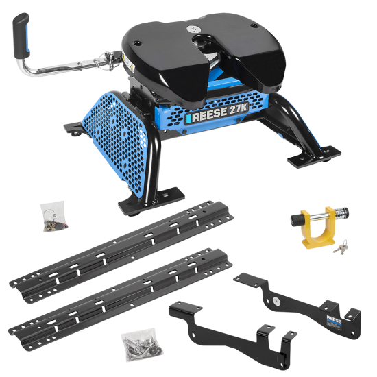 For 2015-2023 Ford F-150 Custom Outboard Above Bed Rail Kit + Reese M5 27K Fifth Wheel + King Pin Lock (For 5'8 or Shorter Bed (Sidewinder Required), Except Raptor or with Ride Height Sensors, w/o Factory Puck System Models) By Reese