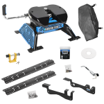 For 2015-2023 Ford F-150 Custom Outboard Above Bed Rail Kit + Reese M5 27K Fifth Wheel + King Pin Lock + Base Rail Lock + 10" Lube Plate + Fifth Wheel Cover + Lube (For 5'8 or Shorter Bed (Sidewinder Required), Except Raptor or with Ride Height Senso