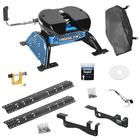 For 2015-2023 Ford F-150 Custom Outboard Above Bed Rail Kit + Reese M5 27K Fifth Wheel + King Pin Lock + Base Rail Lock + 10" Lube Plate + Fifth Wheel Cover + Lube (For 5'8 or Shorter Bed (Sidewinder Required), Except Raptor or with Ride Height Senso