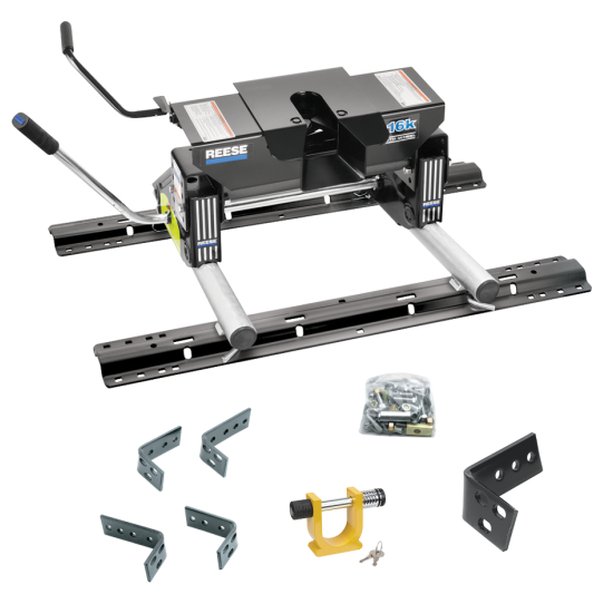 For 2002-2008 Dodge Ram 1500 Industry Standard Semi-Custom Above Bed Rail Kit + 16K Fifth Wheel + Round Tube Slider + King Pin Lock (For 6-1/2' or Shorter Bed, w/o Factory Puck System Models) By Reese