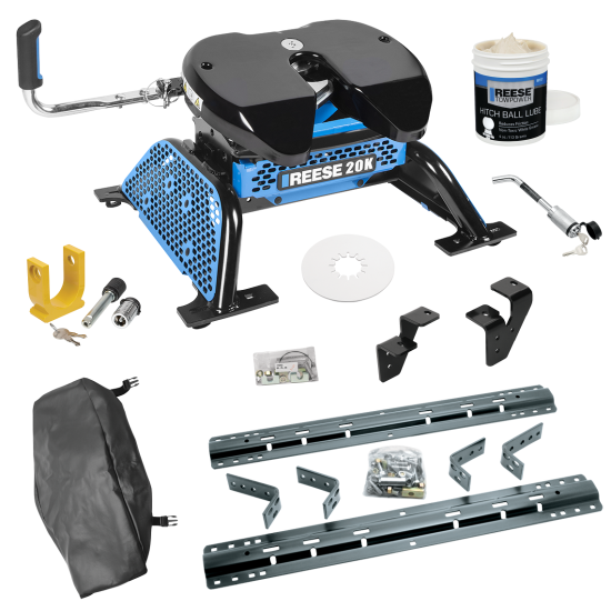 For 2003-2010 Dodge Ram 2500 Industry Standard Semi-Custom Above Bed Rail Kit + Reese M5 20K Fifth Wheel + In-Bed Wiring + King Pin Lock + Base Rail Lock + 10" Lube Plate + Fifth Wheel Cover + Lube (For 6-1/2' and 8 foot Bed, w/Overload Springs, w/o 