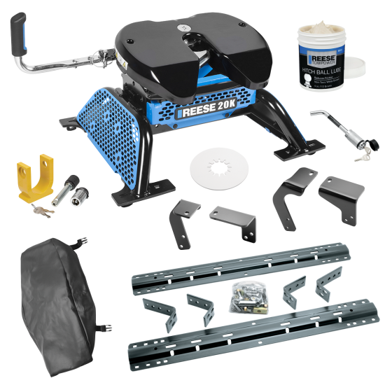 For 2019-2024 RAM 1500 Classic Industry Standard Semi-Custom Above Bed Rail Kit + Reese M5 20K Fifth Wheel + In-Bed Wiring + King Pin Lock + Base Rail Lock + 10" Lube Plate + Fifth Wheel Cover + Lube (For 6-1/2' and 8 foot Bed, Except w/Air Suspensio