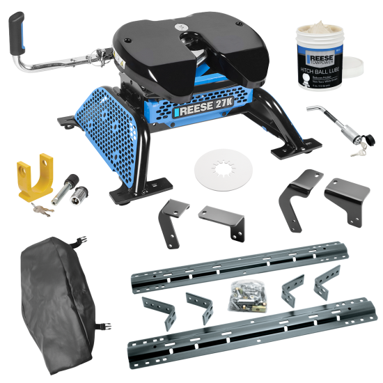 For 2019-2024 RAM 1500 Classic Industry Standard Semi-Custom Above Bed Rail Kit + Reese M5 27K Fifth Wheel + In-Bed Wiring + King Pin Lock + Base Rail Lock + 10" Lube Plate + Fifth Wheel Cover + Lube (For 5'8 or Shorter Bed (Sidewinder Required), Exc