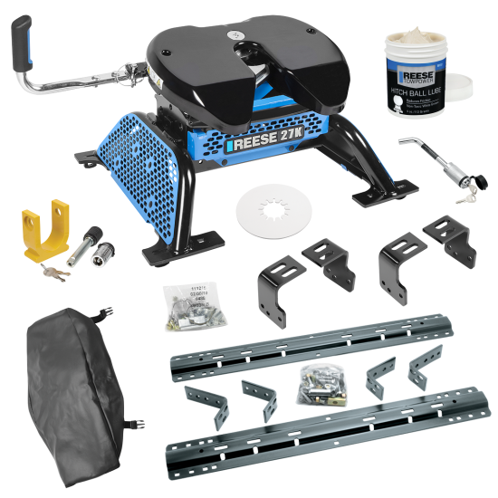 For 2004-2014 Ford F-150 Industry Standard Semi-Custom Above Bed Rail Kit + Reese M5 27K Fifth Wheel + In-Bed Wiring + King Pin Lock + Base Rail Lock + 10" Lube Plate + Fifth Wheel Cover + Lube (For 5'8 or Shorter Bed (Sidewinder Required), w/o Facto