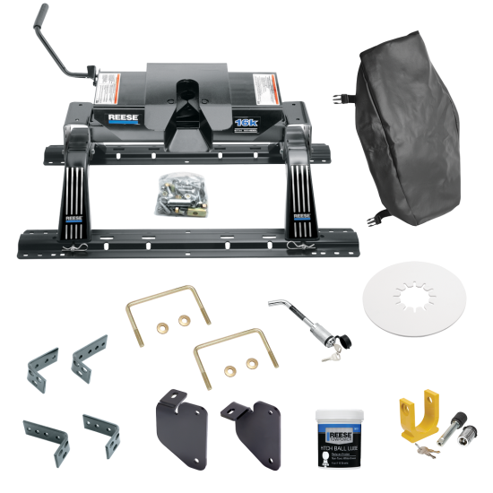 For 2013-2024 RAM 3500 Industry Standard Semi-Custom Above Bed Rail Kit + 16K Fifth Wheel + King Pin Lock + Base Rail Lock + 10" Lube Plate + Fifth Wheel Cover + Lube (For 6-1/2' and 8 foot Bed, w/o Factory Puck System Models) By Reese