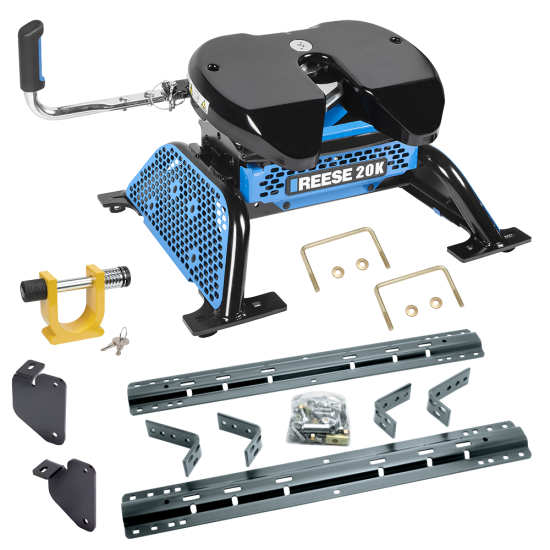 For 2013-2024 RAM 3500 Industry Standard Semi-Custom Above Bed Rail Kit + Reese M5 20K Fifth Wheel + In-Bed Wiring + King Pin Lock (For 6-1/2' and 8 foot Bed, w/o Factory Puck System Models) By Reese