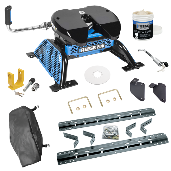 For 2013-2024 RAM 3500 Industry Standard Semi-Custom Above Bed Rail Kit + Reese M5 20K Fifth Wheel + In-Bed Wiring + King Pin Lock + Base Rail Lock + 10" Lube Plate + Fifth Wheel Cover + Lube (For 6-1/2' and 8 foot Bed, w/o Factory Puck System Models