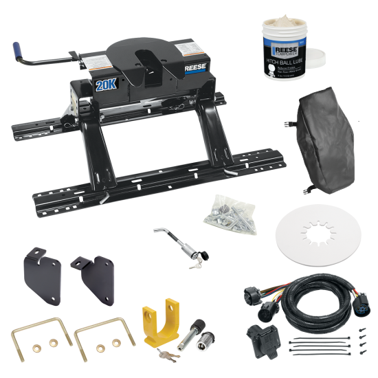 For 2013-2024 RAM 3500 Industry Standard Semi-Custom Above Bed Rail Kit + 20K Fifth Wheel + In-Bed Wiring + King Pin Lock + Base Rail Lock + 10" Lube Plate + Fifth Wheel Cover + Lube (For 6-1/2' and 8 foot Bed, w/o Factory Puck System Models) By Rees