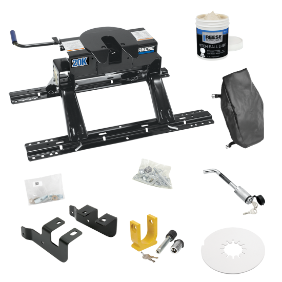 For 2014-2024 RAM 2500 Industry Standard Semi-Custom Above Bed Rail Kit + 20K Fifth Wheel + King Pin Lock + Base Rail Lock + 10" Lube Plate + Fifth Wheel Cover + Lube (For 5'8 or Shorter Bed (Sidewinder Required), w/o Factory Puck System Models) By R