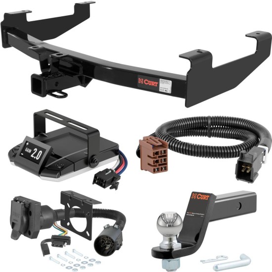 For 2001-2002 GMC Sierra 3500 Tow Package Camp n' Field Trailer Hitch + Brake Controller Curt Assure 51160 Proportional Up To 4 Axles + 7 Way Trailer Wiring Plug & 2-5/16" ball 4 inch drop Exc factory receiver, Tommy Gate lift or cab & chassi