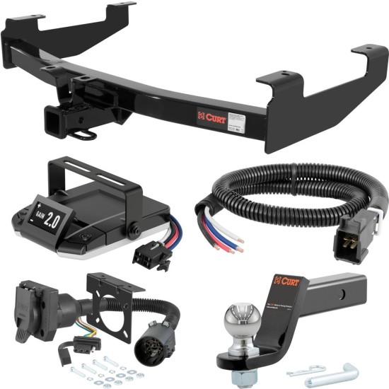 For 2007-2010 Chevy Silverado 3500 HD Tow Package Camp n' Field Trailer Hitch + Brake Controller Curt Assure 51160 Proportional Up To 4 Axles + 7 Way Trailer Wiring Plug & 2-5/16" ball 4 inch drop Exc factory receiver, Tommy Gate lift or cab &