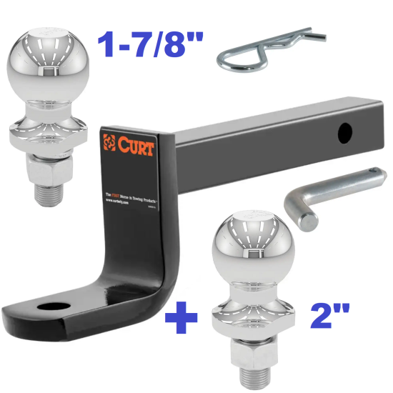 Class 2 Ball Mount 3,500 LBS Tow Kit w/ Dual 1-7/8" + 2" Balls - 9-3/8" Long Shank 3-1/4" Drop or Flip Around 2-5/8" Rise Includes Pin/Clip Curt Part Numbers 45016 21400 40001 40003