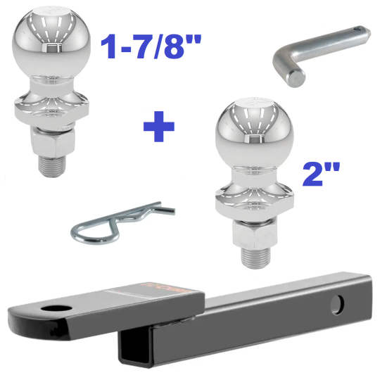 Class 1 Ball Mount 2,000 LBS Tow Kit w/ Dual 1-7/8" + 2" Balls - 9.75" Long Shank 5/8" Rise or Flip Around 1-1/4" Drop Includes Pin/Clip Curt Part Numbers 45019 21400 40001 40003