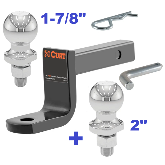 Class 1 Ball Mount 2,000 LBS Tow Kit w/ Dual 1-7/8" + 2" Balls - 7.25" Long Shank 2-5/8" Rise or Flip Around 3-1/4" Drop Includes Pin/Clip Curt Part Numbers 45022 21400 40001 40003