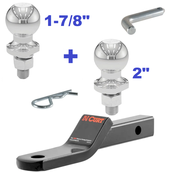 Class 2 Ball Mount 3,500 LBS Tow Kit w/ Dual 1-7/8" + 2" Balls - 7-13/16" Long Shank 3/8" Rise or Flip Around 1" Drop Includes Pin/Clip Curt Part Numbers 45503 21400 40001 40003