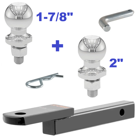 Class 2 Ball Mount 3,500 LBS Tow Kit w/ Dual 1-7/8" + 2" Balls - 9.75" Long Shank 3/4" Rise or Flip Around 1-1/4" Drop Includes Pin/Clip Curt Part Numbers 45519 21400 40001 40003