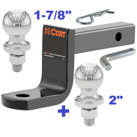 Class 2 Ball Mount 3,500 LBS Tow Kit w/ Dual 1-7/8" + 2" Balls - 7.25" Long Shank 3-1/4" Drop or Flip Around 2-5/8" Rise Includes Pin/Clip Curt Part Numbers 45521 21400 40001 40003