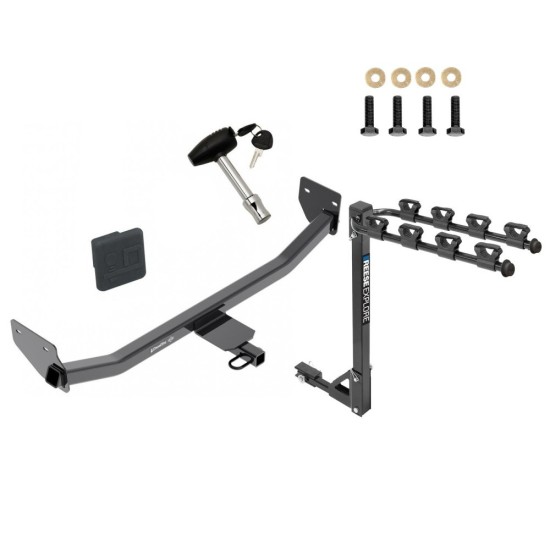 Trailer Tow Hitch w/ 4 Bike Rack For 17-23 Hyundai Ioniq Hatchback Hybrid Only Excluding Plug-In tilt away adult or child arms fold down carrier w/ Lock and Cover