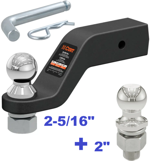 Class 5 Ball Mount Starter Kit 20,000 LBS Tow Kit w/ Dual 2" + 2-5/16" Balls - 2.5" Shank 4" Drop 2,000 LBS Tongue Capacity Includes Pin/Clip Curt Part Numbers 45372 21582