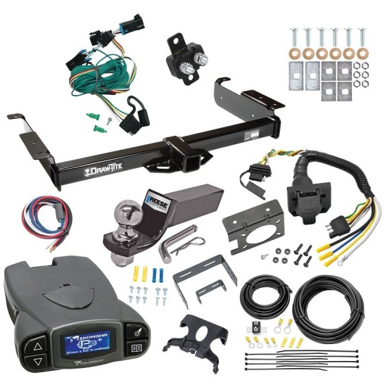 Trailer Hitch Tow Package Prodigy P3 Brake Control For 96-99 Chevy Express GMC Savana 1500 2500 3500 w/ 7-Way RV Wiring 2" Drop Mount 2" Ball Class 3 2" Receiver Draw-Tite Tekonsha