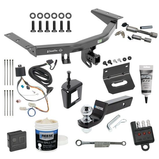 For 2016-2022 Honda Pilot Trailer Hitch Tow PKG w/ 4-Flat Wiring + Starter Kit Ball Mount w/ 2" Drop & 2" Ball + Wiring Bracket + Hitch Cover + Dual Hitch & Coupler Locks + Wiring Tester + Ball Lube + Electric Grease + Ball Wrench + Anti