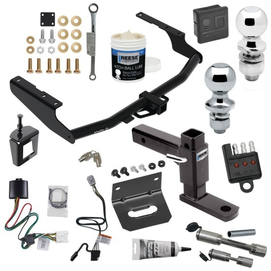 For 2020-2023 Toyota Highlander Trailer Hitch Tow PKG w/ 4-Flat Wiring + Adjustable Drop Rise Ball Mount + 2" Ball + 1-7/8" Ball + Wiring Bracket + Hitch Cover + Dual Hitch & Coupler Locks + Wiring Tester + Ball Lube + Electric Grease + Ball