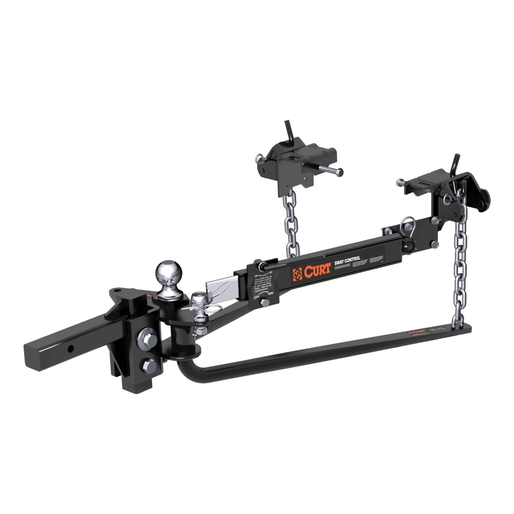 CURT round bar weight distribution hitch with sway control for trailers and campers.