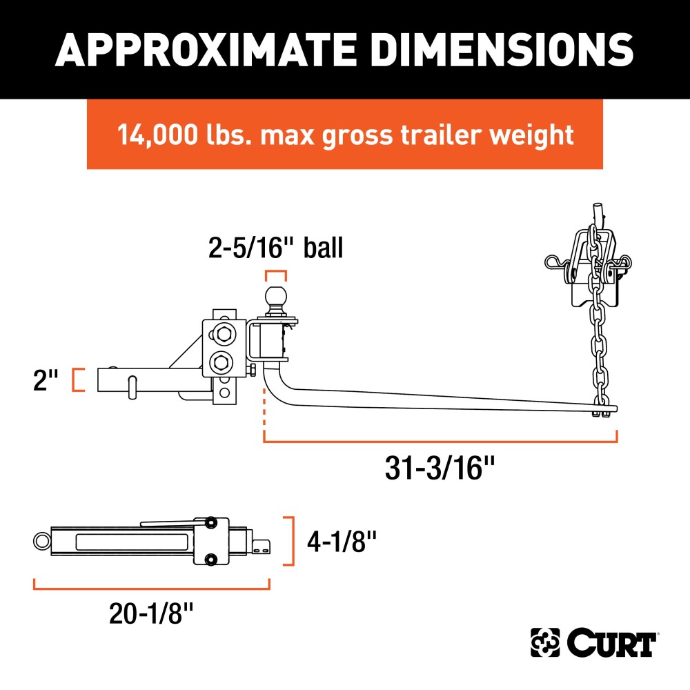 CURT round bar weight distribution hitch with sway control for trailers and campers.