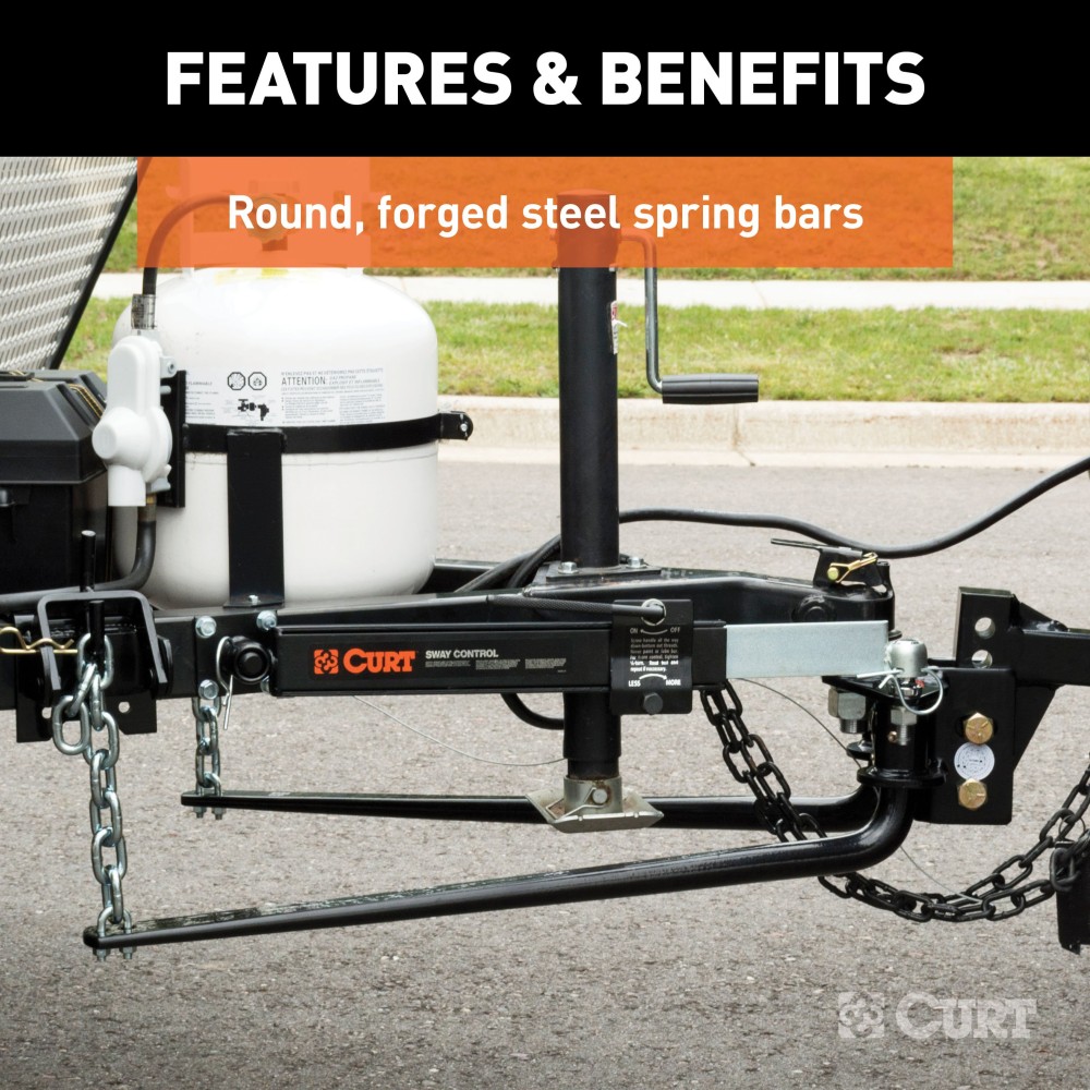 CURT round bar weight distribution hitch with sway control for trailers and campers.