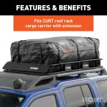 CURT cargo bag fitted on roof basket, protecting belongings against elements.