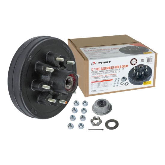 Lippert pre-greased hub assembly with lug nuts, brake hub, dust cap, and spindle components for 7000 lbs axles.