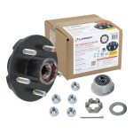 Lippert brake hub assembly with lug nuts, dust cap, and spindle nut for various wheel sizes.