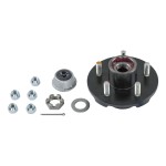 Lippert brake hub assembly with lug nuts, dust cap, and spindle nut for various wheel sizes.