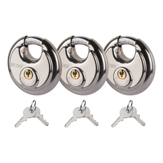 CURT disc locks with stainless steel body and hardened shackle for enhanced security against cutting and rust.