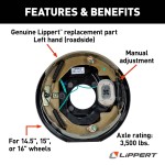 Lippert replacement electric brake assembly, left-hand side, for 13-15 inch wheels and 3,500-lb axles.