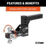 CURT adjustable ball mount featuring three trailer ball sizes for various towing needs.